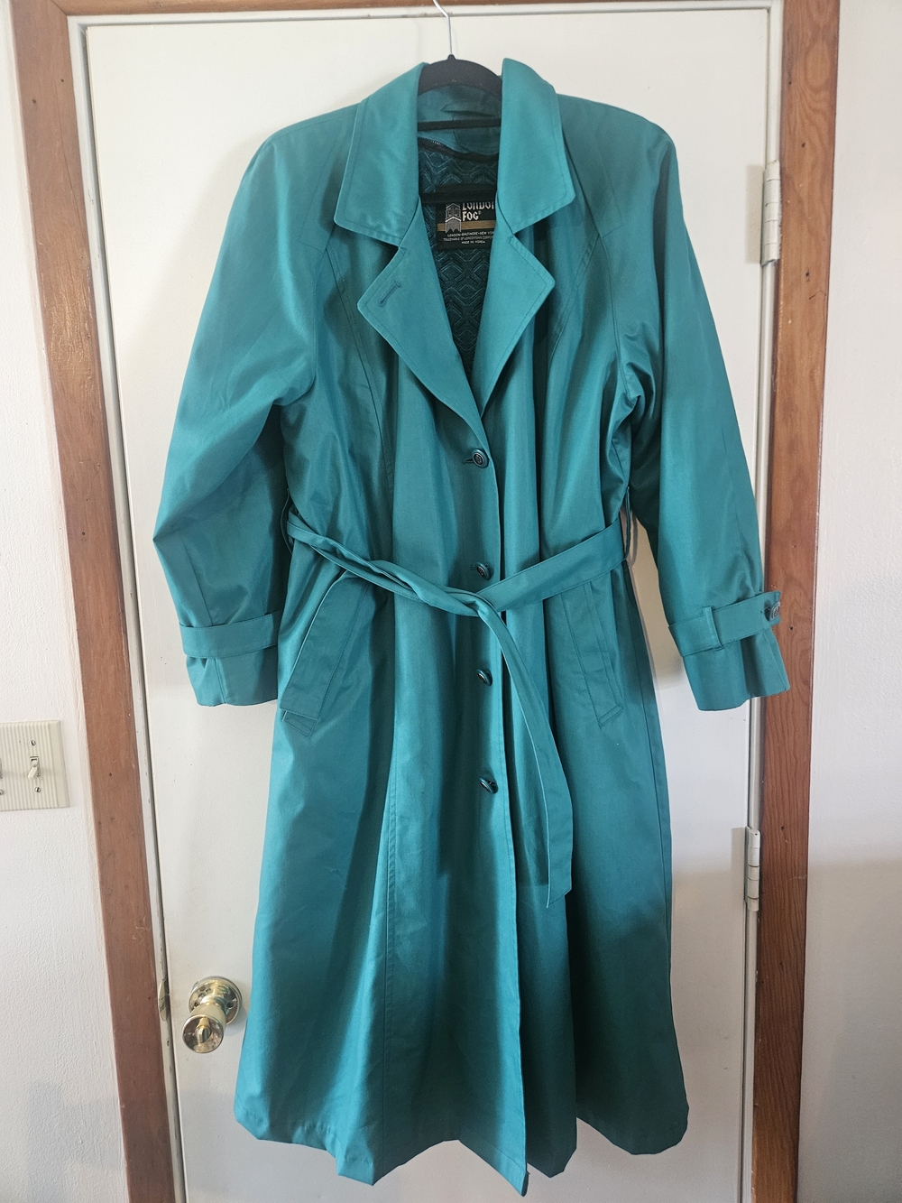 London Fog Teal Belted Trench Coat Vintage Size 16